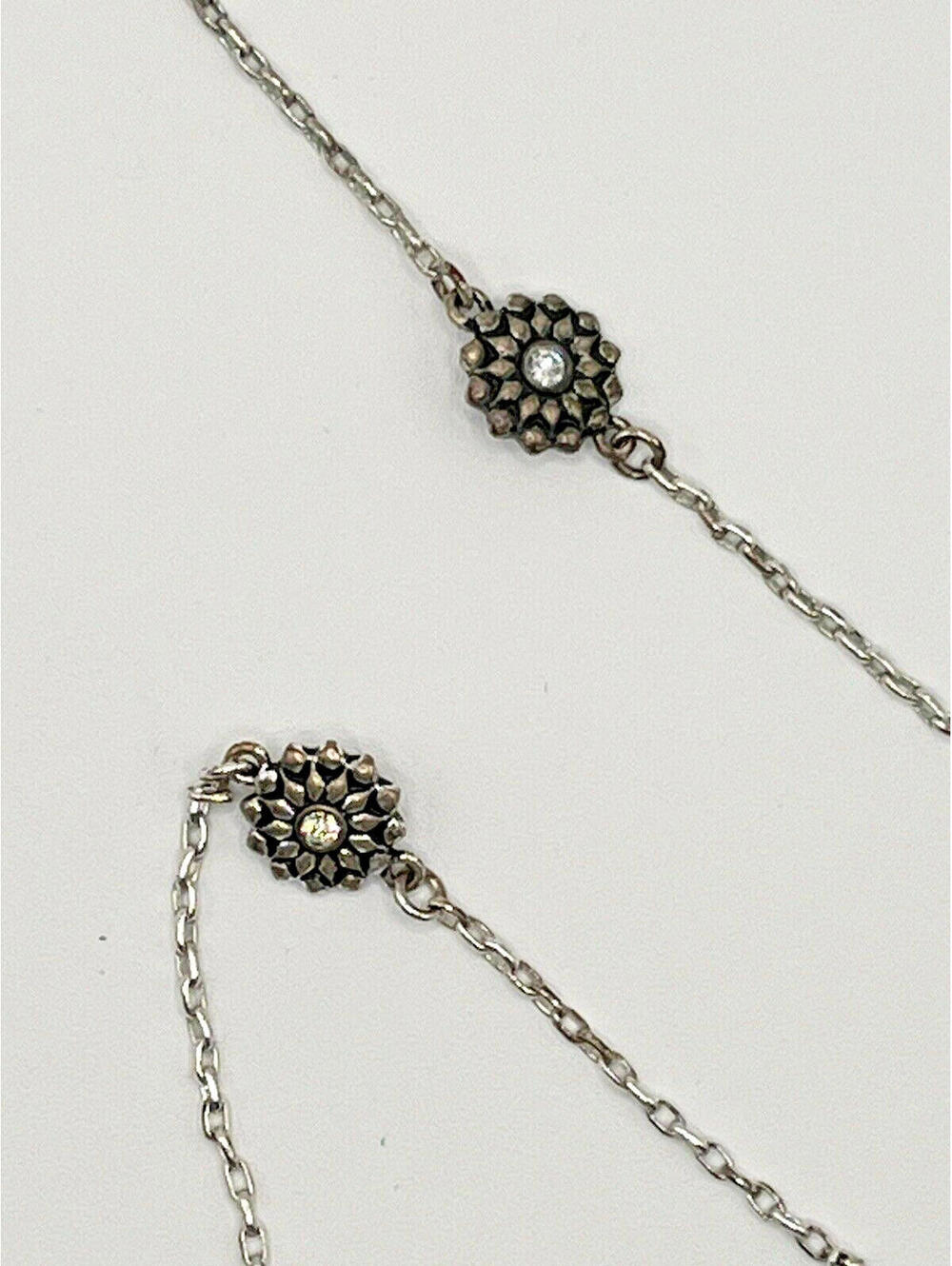 Crown Trifari VTG Silver Tone Small Flower with Rhinestone strand Necklace 30"